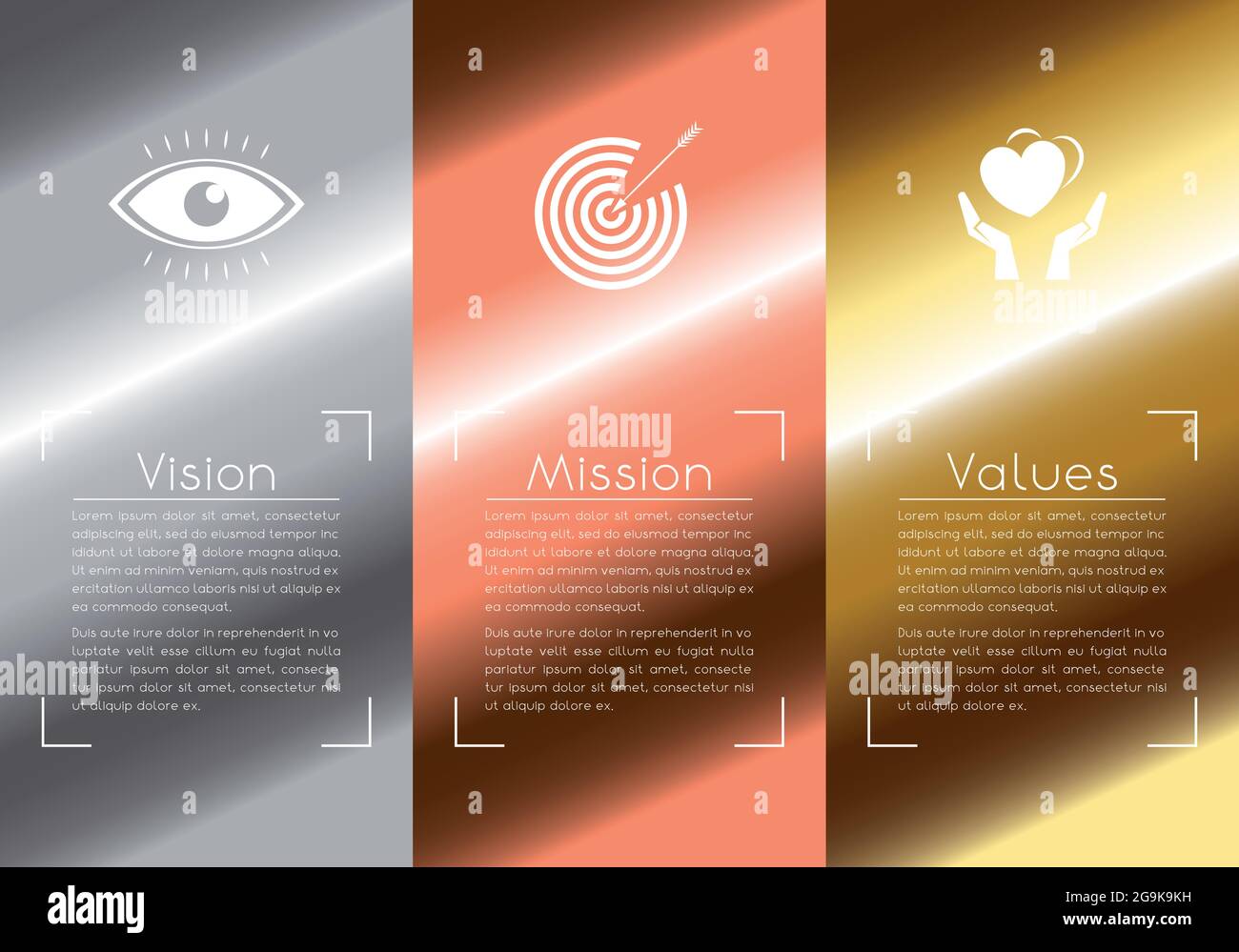 Mission, vision, values concept - three icons - vector illustration Stock Vector