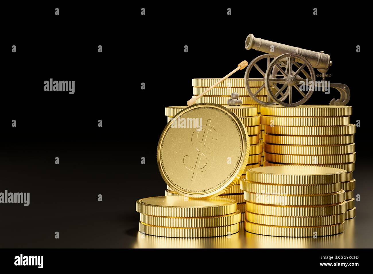 The rusty old cannon had cannonballs placed beside it and was set on top of stacked gold coins in a dark black background. The concept of attacking bu Stock Photo