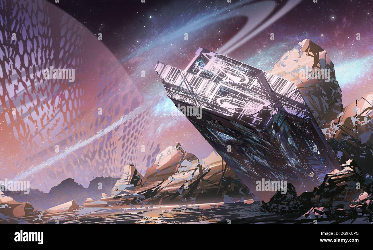 digital illustration of futuristic science fiction scene with spaceship  spacecraft sunken on planet in space universe Stock Photo - Alamy