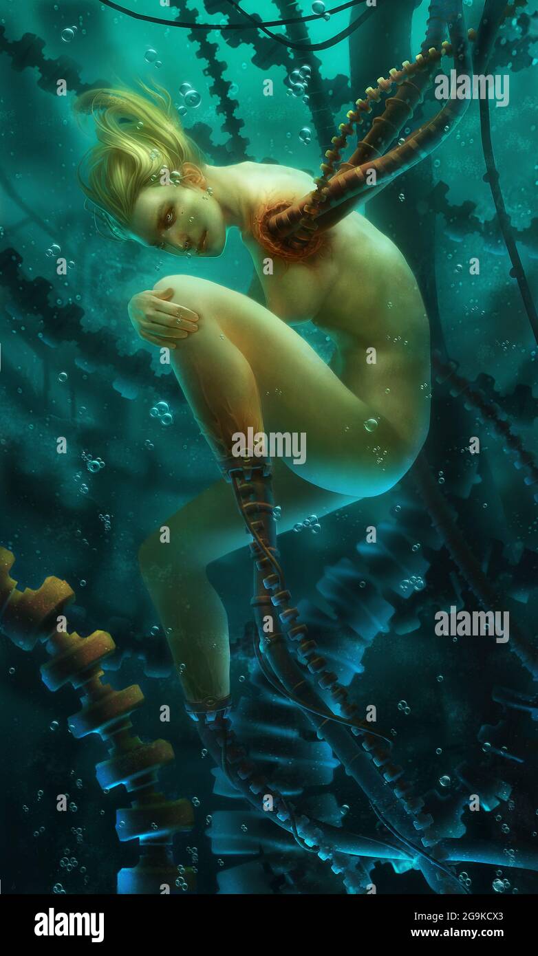 digital illustration of realistic futuristic science fiction naked nude  robot cyborg female woman girl under in water with metal pipes Stock Photo  - Alamy