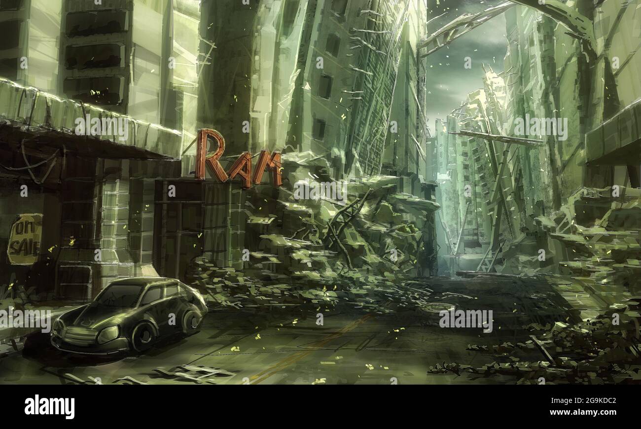 digital illustration of destroyed abandoned city street view
