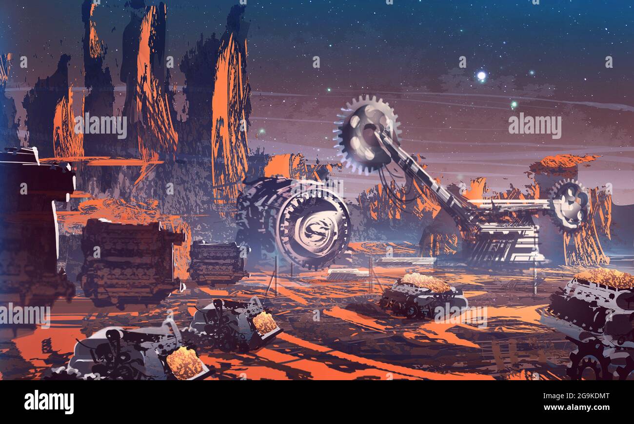 digital illustration of futuristic science fiction scene on mars with industrial drilling