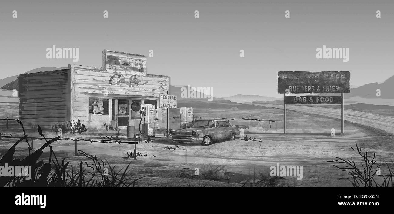 digital illustration of old west gas station by the highway freeway in