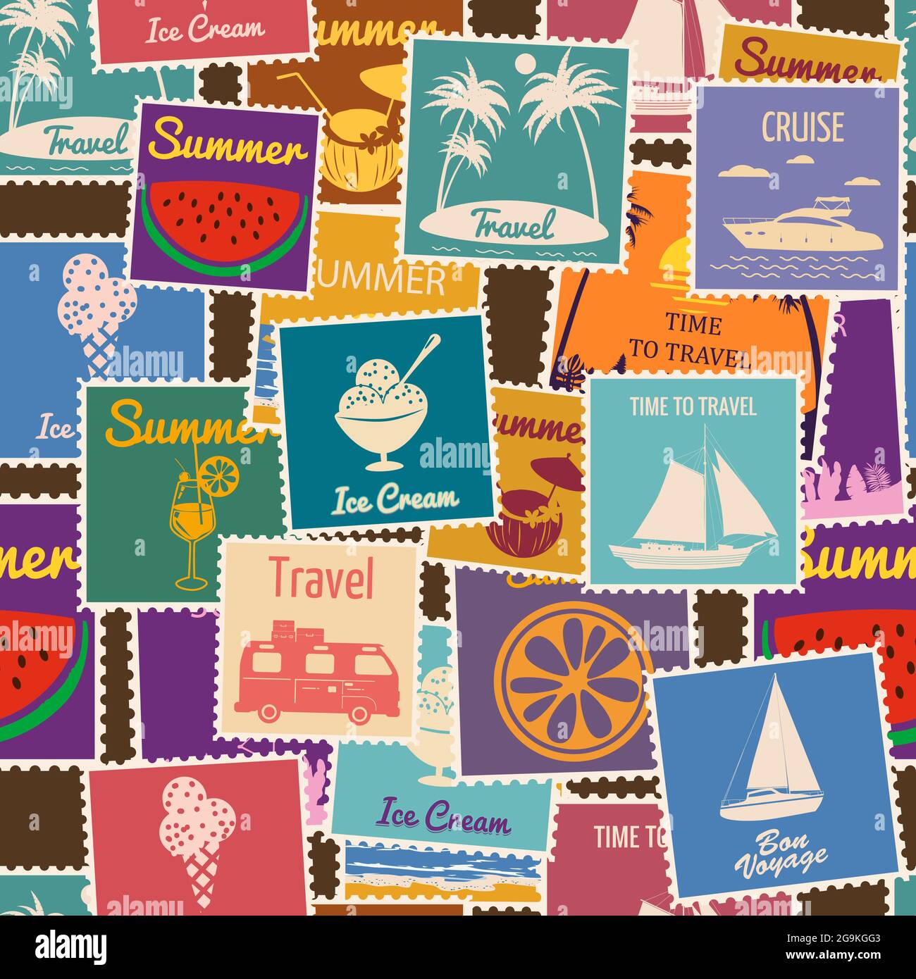 Postage stamps seamless pattern Summer vacation. Retro background signs  travel exotic tour. Vector illustration background vintage style for  wallpaper Stock Vector Image & Art - Alamy