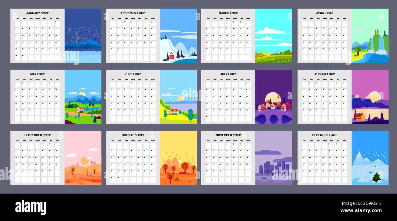 2022 Calendar Planner Minimalistic Landscape Natural Backgrounds Of Four Seasons. Winter, Spring, Summer, Autumn. Monthly Template For Diary Business Stock Vector Image & Art - Alamy