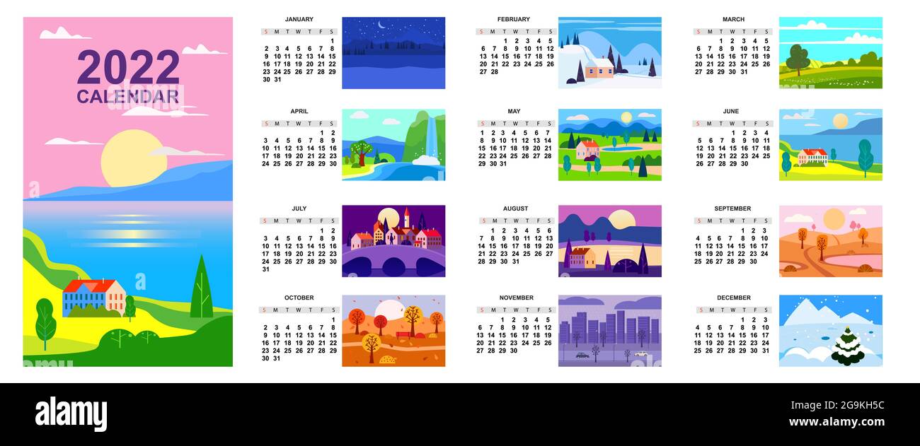 2022 Calendar Landscape Natural Backgrounds Of Four Seasons. Winter  Wonderland, Fresh On Spring, Hot Sunny Day On Summer, Autumn With Leaves  Falling Stock Vector Image & Art - Alamy