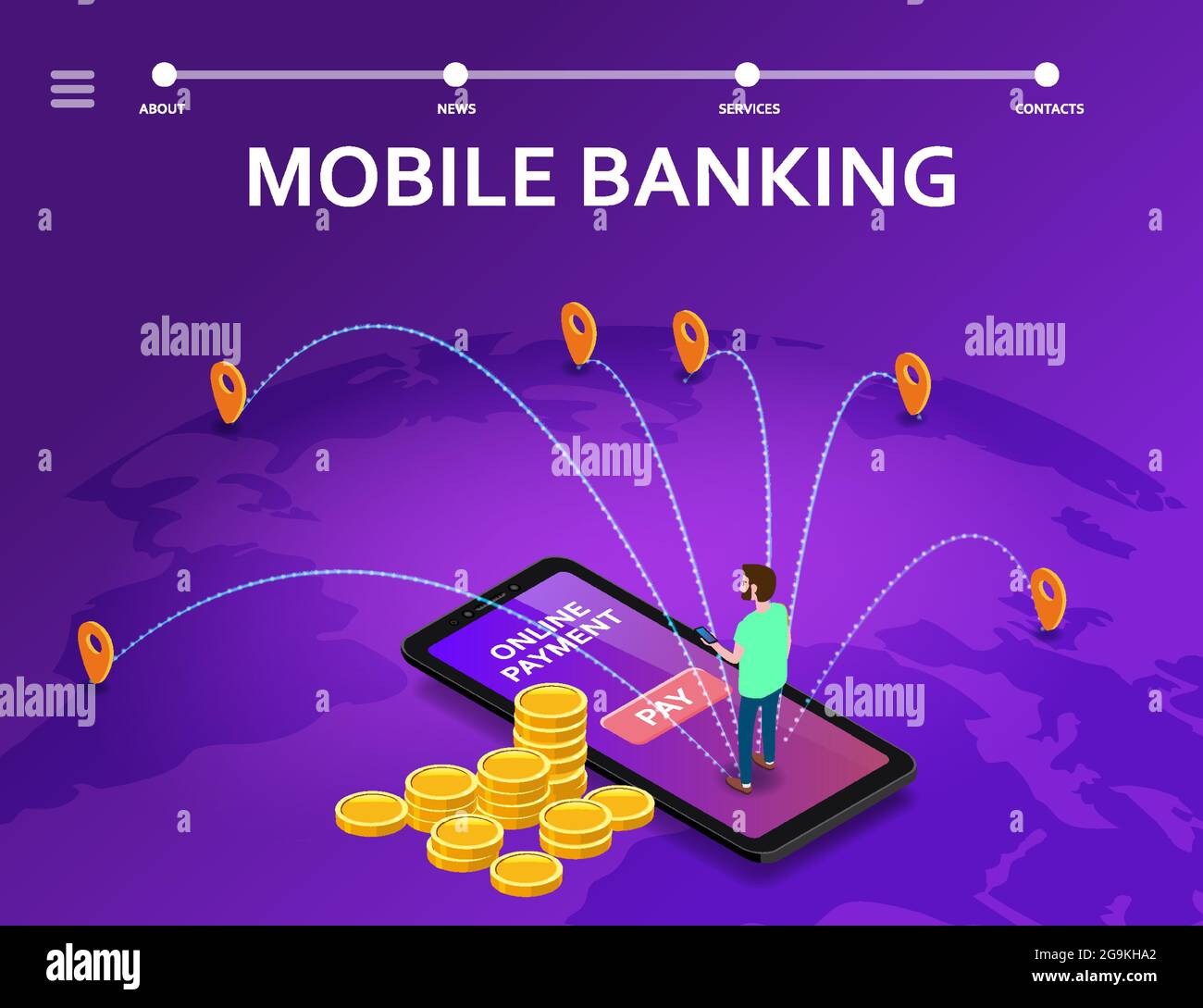 Mobile banking isometric. Man smartphone, stacks coins, money