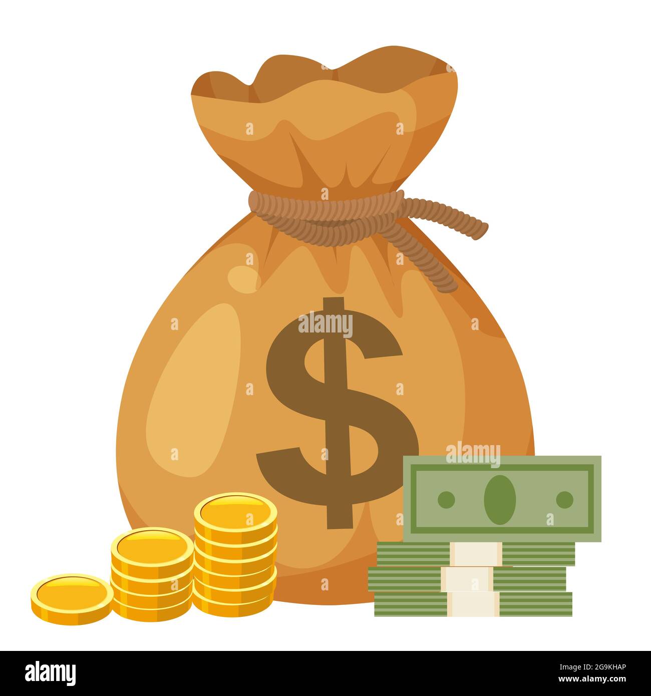 Bag full money with dollar sign, gold coins, paper money. Cartoon style  vector illustration Stock Vector Image & Art - Alamy