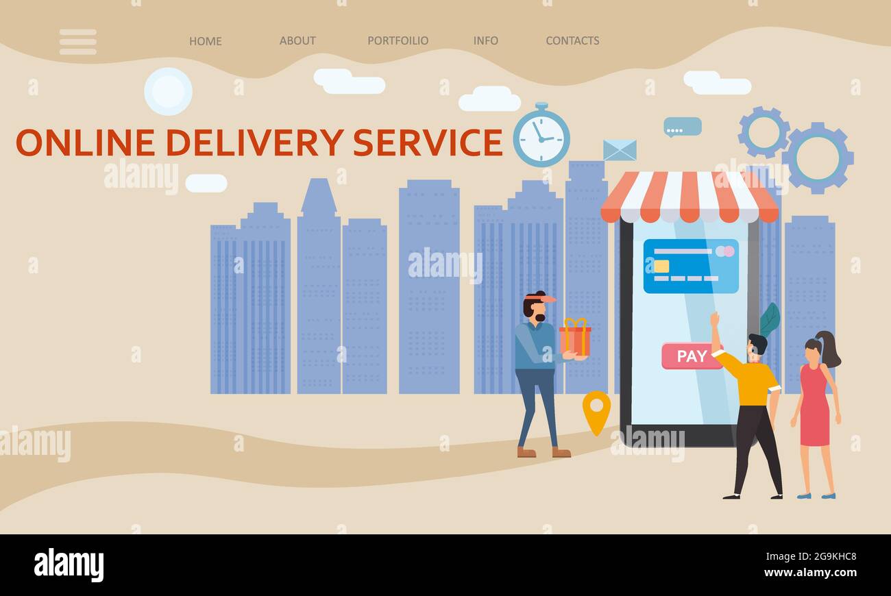 Online Delivery Service template. Man and woman buyers, smartphone, shipping, delivery. E