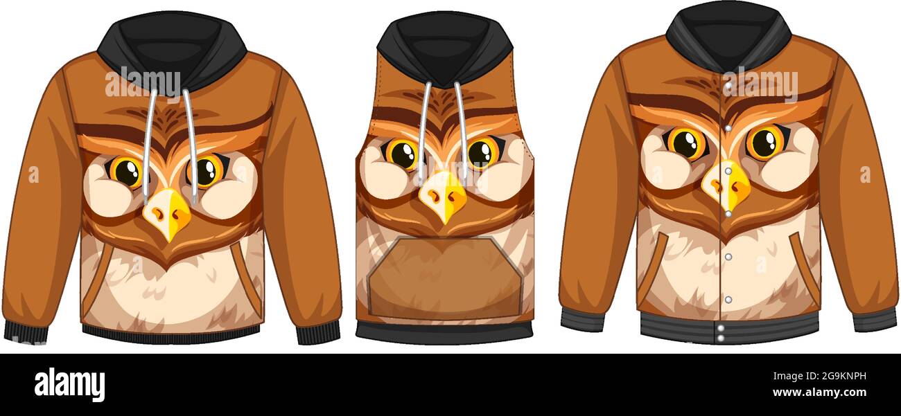 Set of different jackets with owl face template illustration Stock Vector