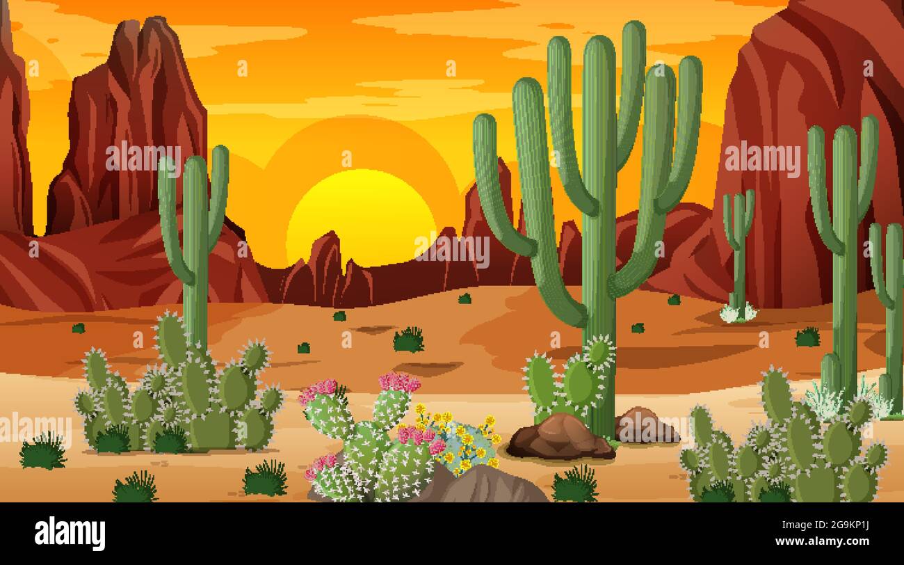 Desert forest landscape scene at sunset time illustration Stock Vector ...