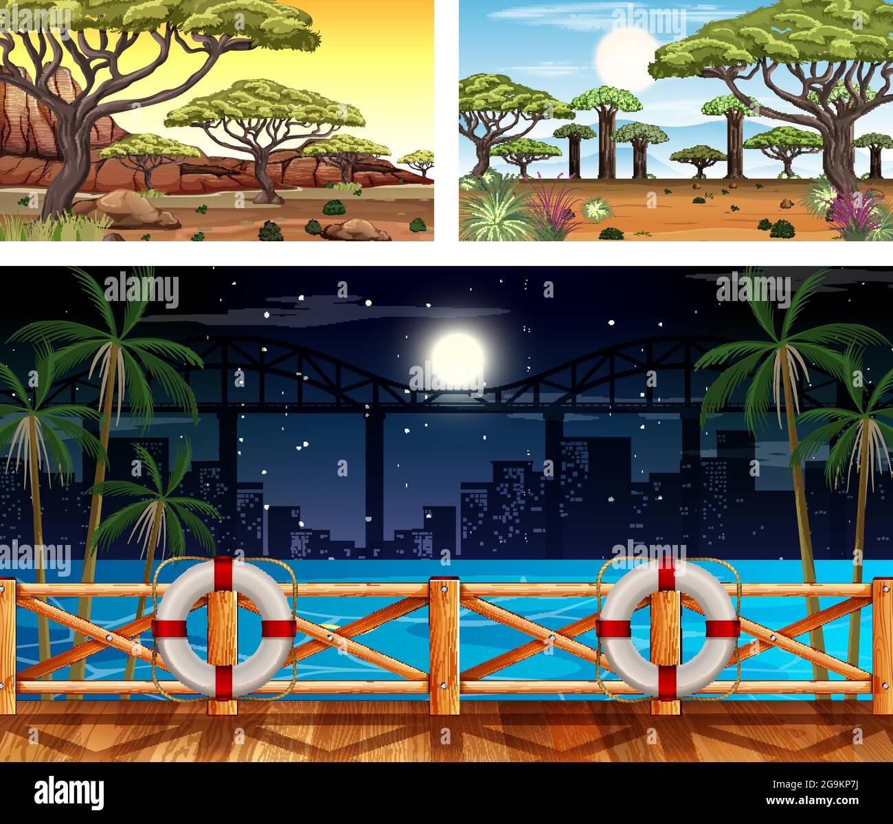 Set of different forest horizontal scenes illustration Stock Vector