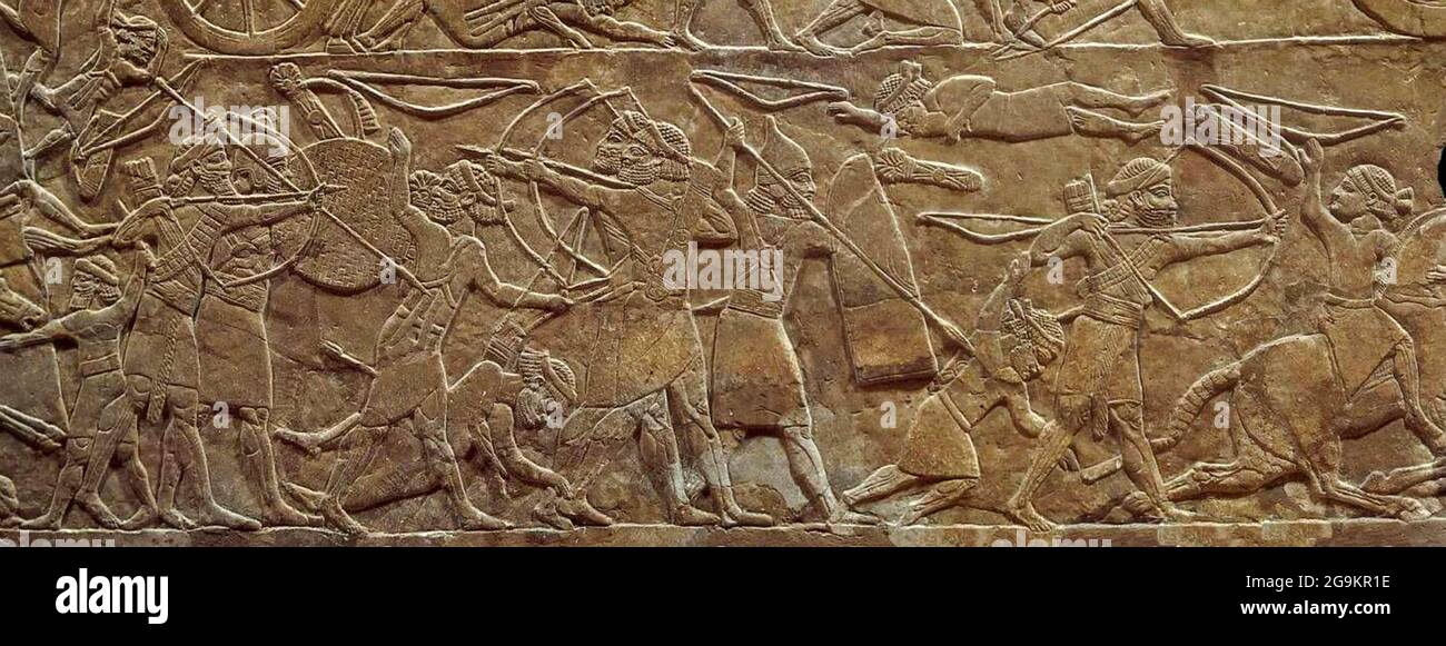 6878. Relief from the palace of the Assyrian King Ashurbanipal depicting the battle of Til-Tuba against the Elamite dating c. 660-650 BC. The detail d Stock Photo