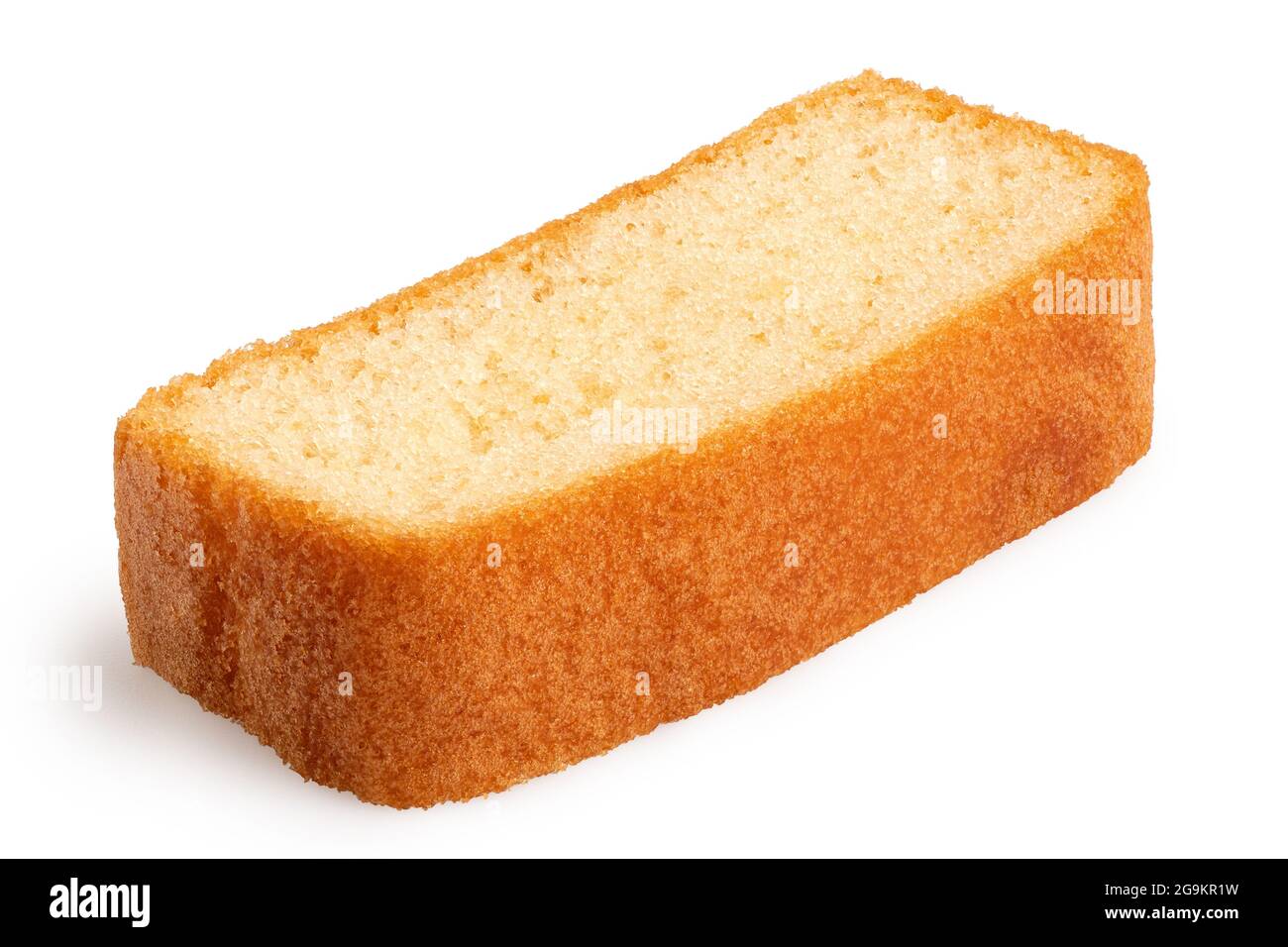 Slice of plain sponge cake lying flat isolated on white. Stock Photo