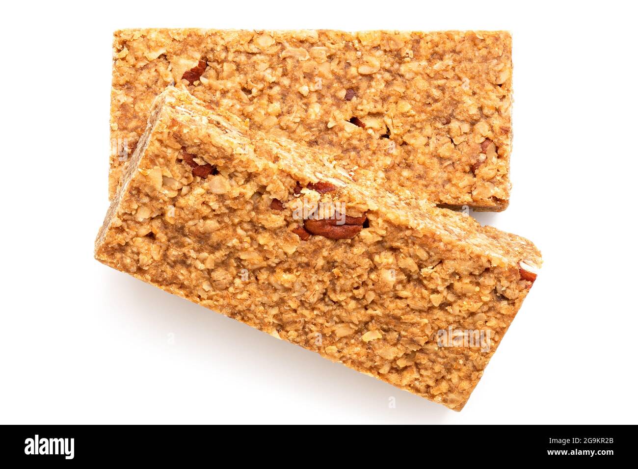 Two oat flapjacks with nuts isolated on white. Top view Stock Photo Alamy