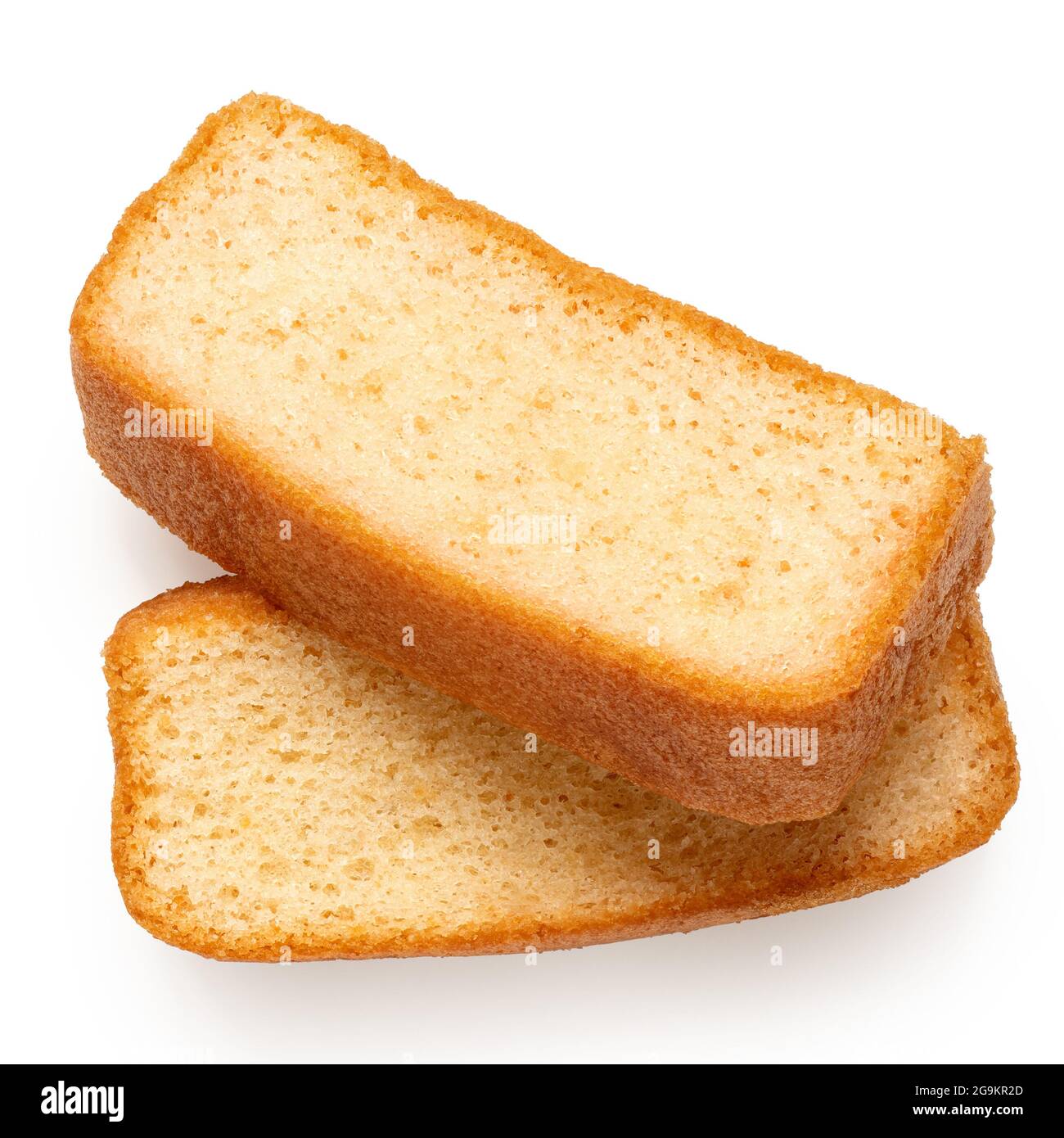 Two slices of plain sponge cake isolated on white. Top view. Stock Photo