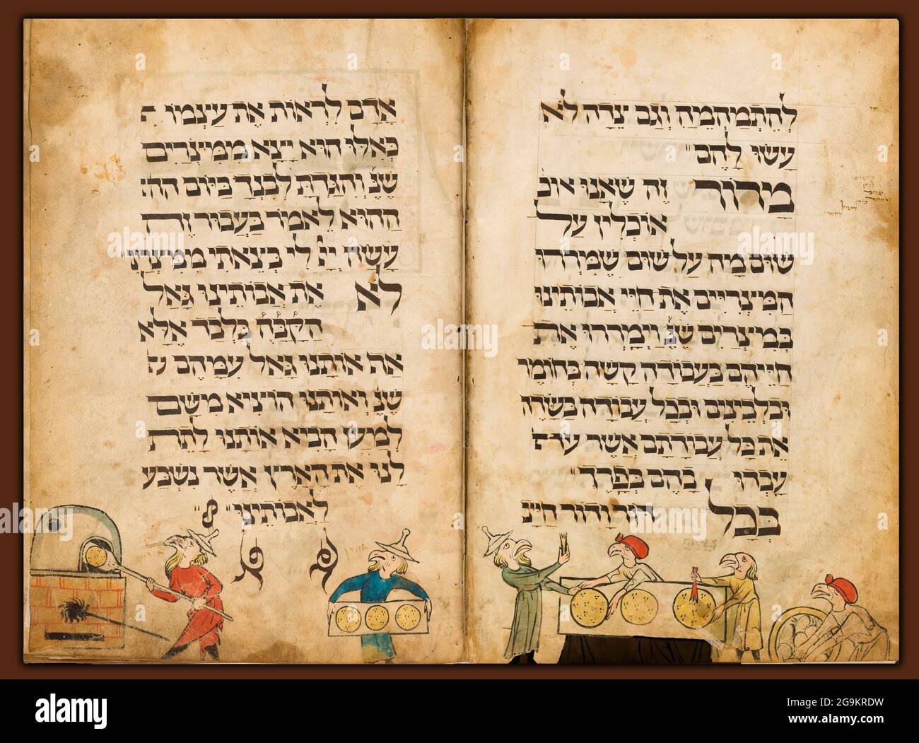 6903. Page from the “Bird’s heads Hagada” depicting making of Mazzah the Jewish Passover leveled bread. The earliest illuminated manuscript from Germa Stock Photo