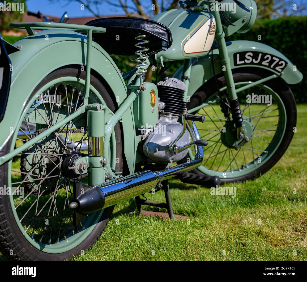 The 1955 D1 125cc BSA Bantam Motorcycle in original Mist Green colour, a popular vintage motorcycle that has been fully restored Stock Photo