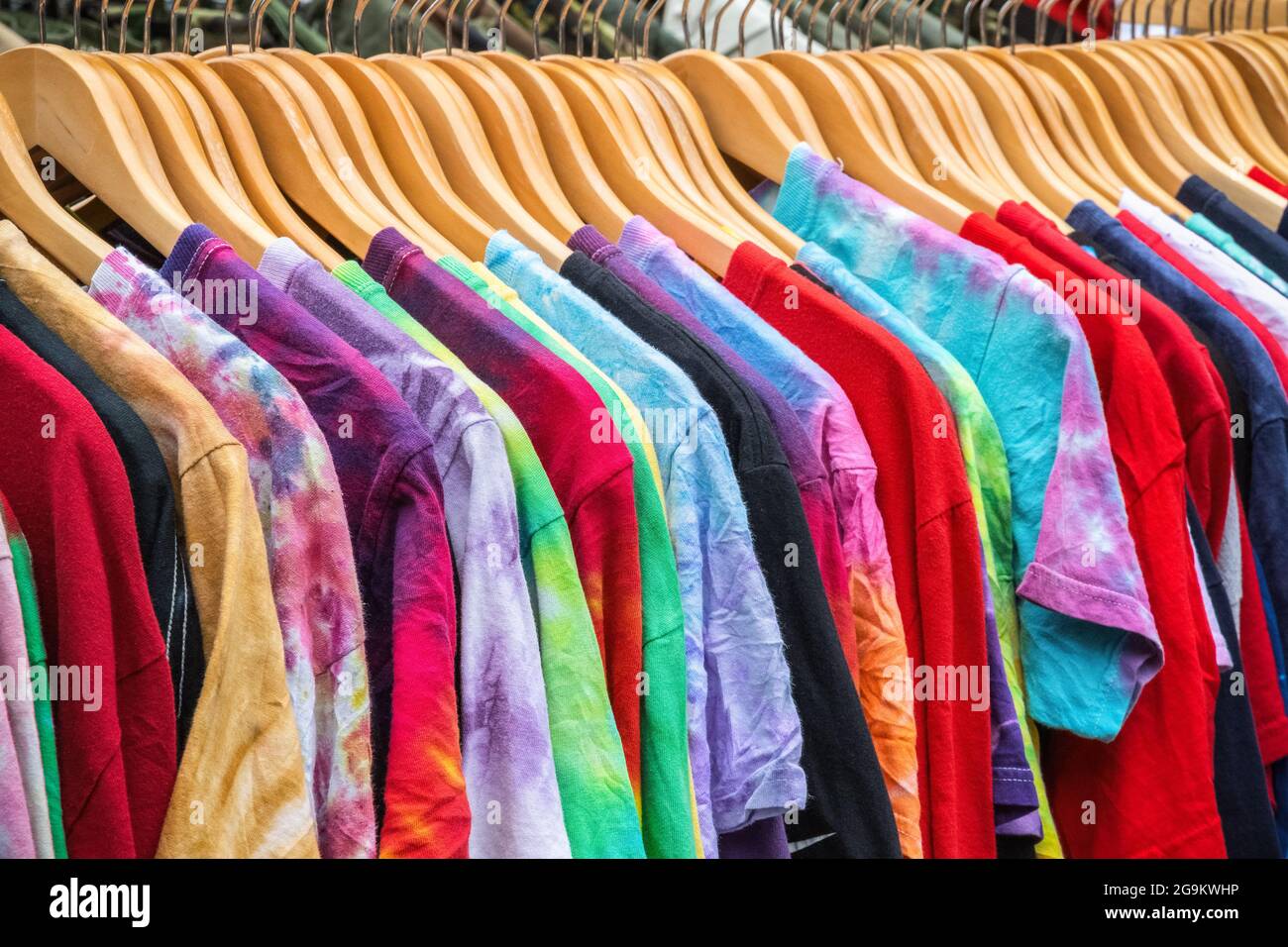 Second-hand T-shirts on display at Broadway Market, a street market in Hackney, East London Stock Photo
