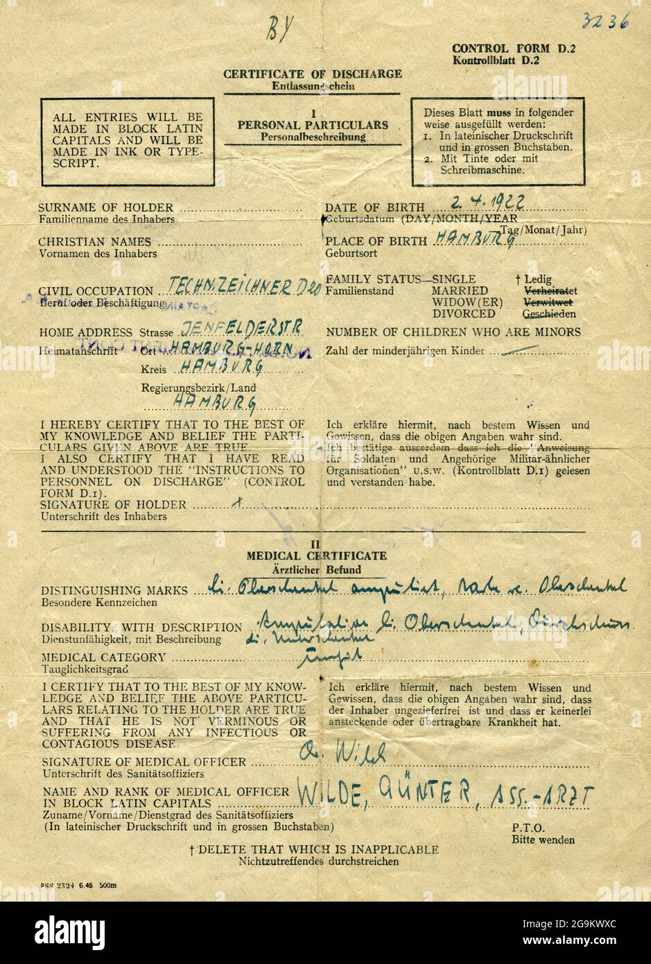 Europe, Germany, Hamburg, the end of WW II, certificate of discharge for soldiers of the German army, 13. 08. 1945, EDITORIAL-USE-ONLY Stock Photo