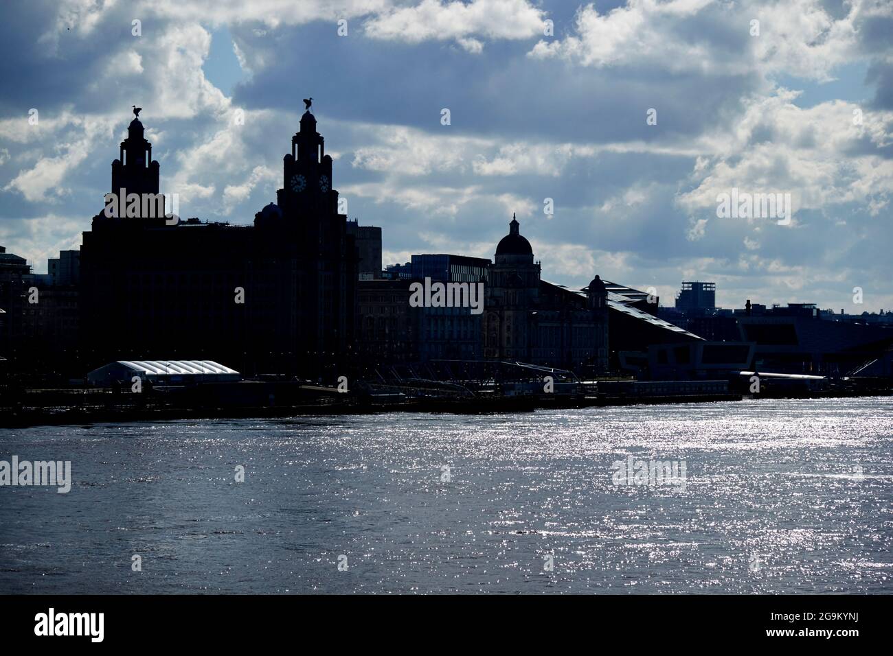silhouette of the liverpool historic waterfront including liver building  liverpool england uk Stock Photo