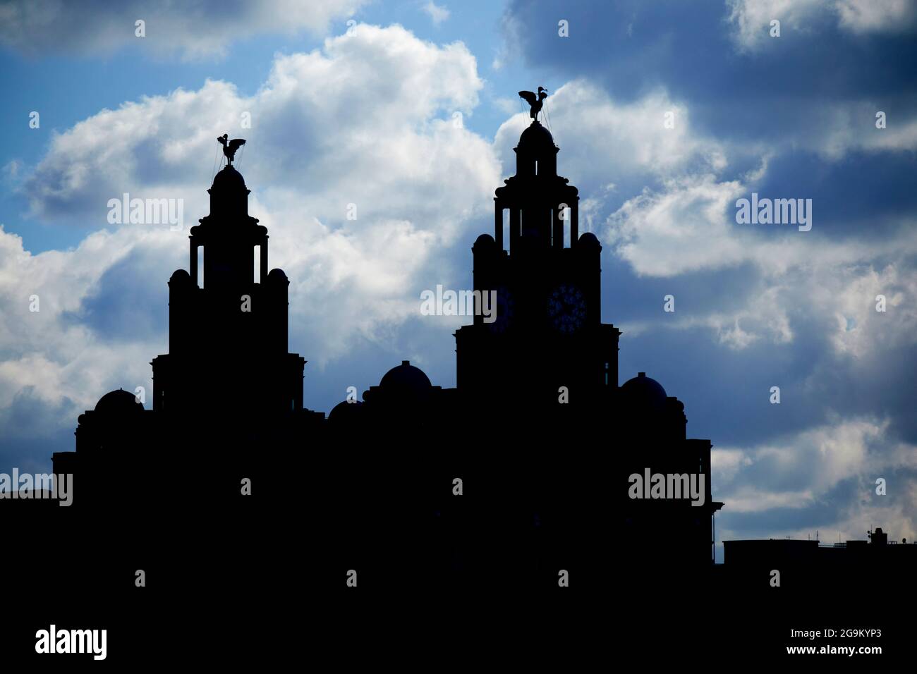 silhouette of the top of the liver building including liver birds liverpool england uk Stock Photo