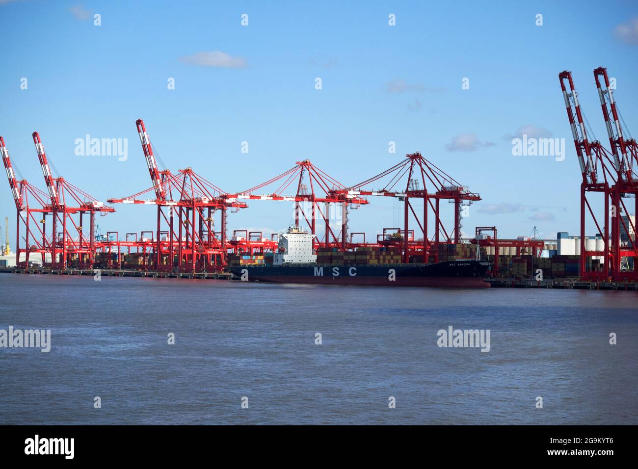 cranes at liverpool 2 container terminal freeport loading unloading msc sandra container ship liverpool england uk Stock Photo