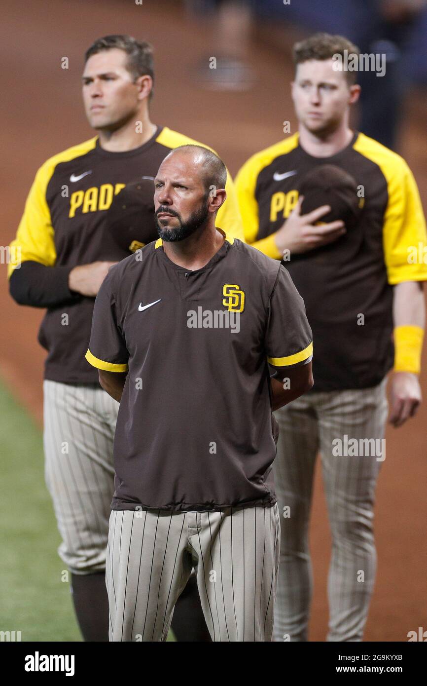 San Diego Padres manager Jayce Tingler stands for the National Anthem during an MLB regular season game against the Miami Marlins, Saturday, July 24, Stock Photo