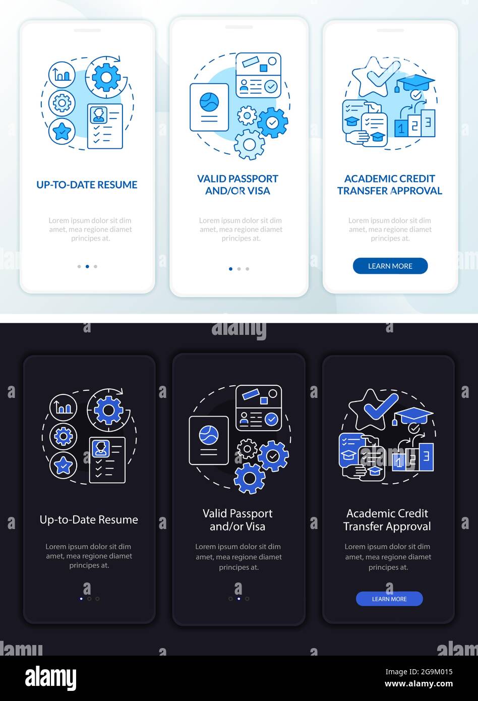 Internship requirements onboarding mobile app page screen Stock Vector