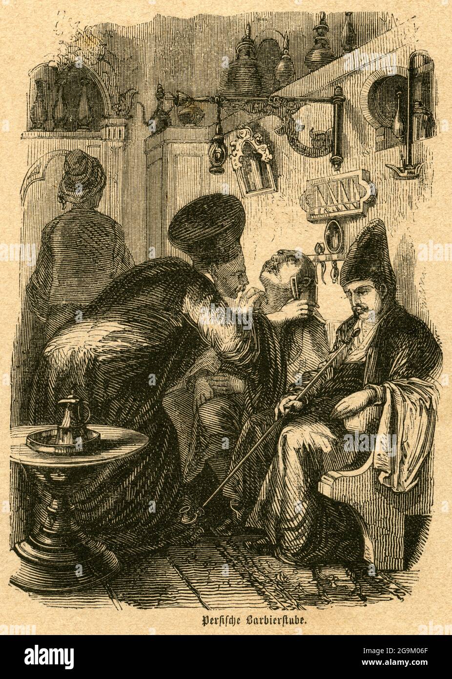 Europe, Germany, Persian barbershop, wood engraving from an newspaper, propably around 1860th , ADDITIONAL-RIGHTS-CLEARANCE-INFO-NOT-AVAILABLE Stock Photo