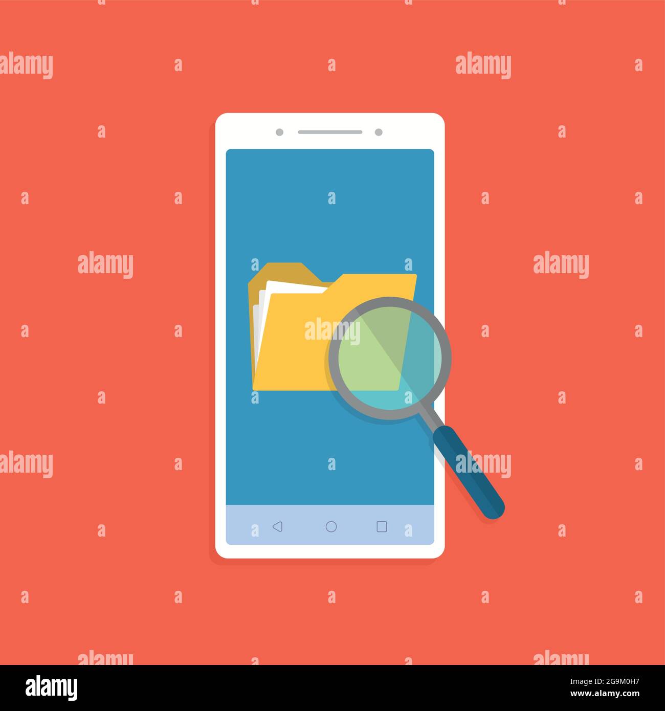 Phone with folder search and data synchronisation. Touchscreen device with different folders. Stock Vector