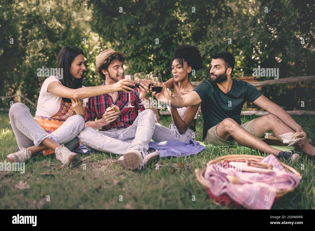 Multiracial friends toasting at pic nic. Group of young people clinking wineglasses sitting on the grass. Stock Photo
