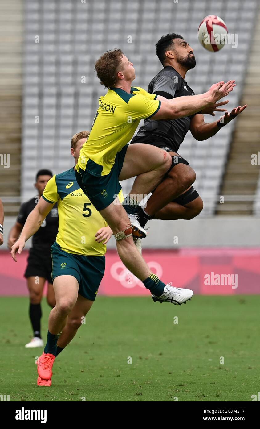 Tokyo, Japan. 27th July, 2021. Amanaki Nicole (1st R) of New Zealand  competes during the men's rugby sevens match between Australia and New  Zealand at Tokyo 2020 Olympic Games in Tokyo, Japan,