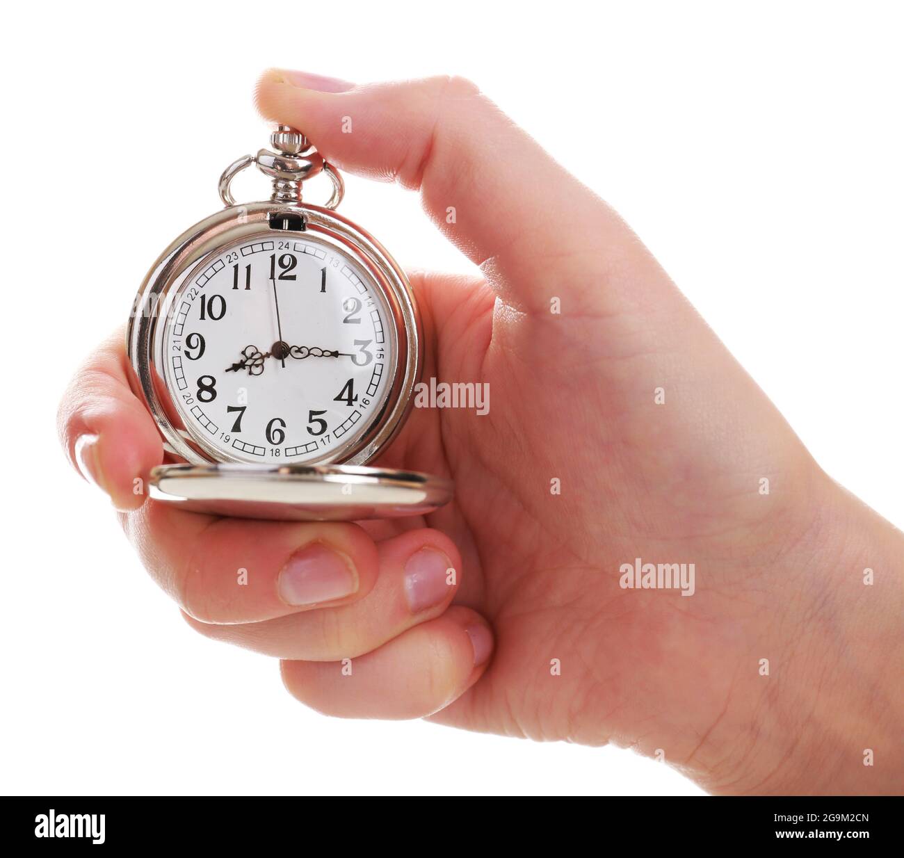 Silver pocket clock in hand isolated on white Stock Photo Alamy