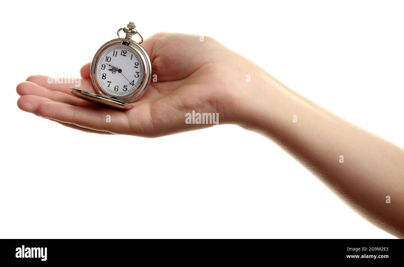 Silver pocket clock in hand isolated on white Stock Photo Alamy