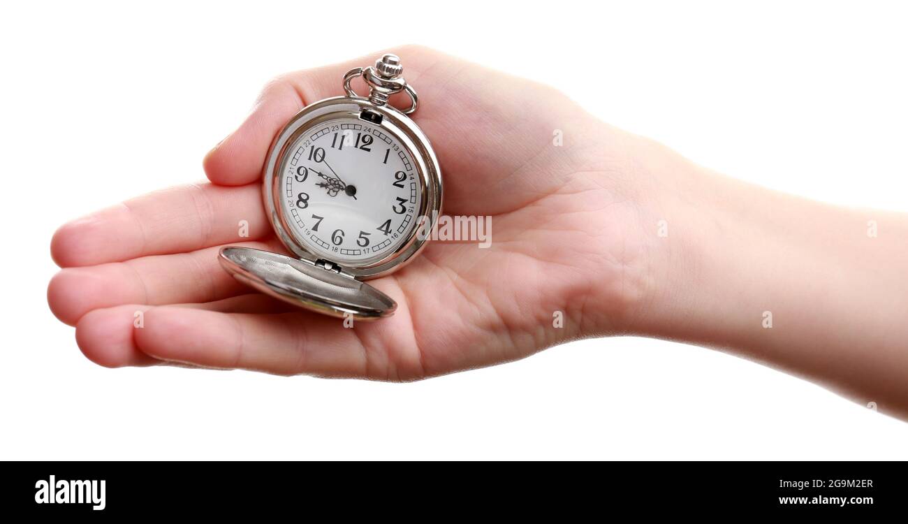 Silver pocket clock in hand isolated on white Stock Photo Alamy