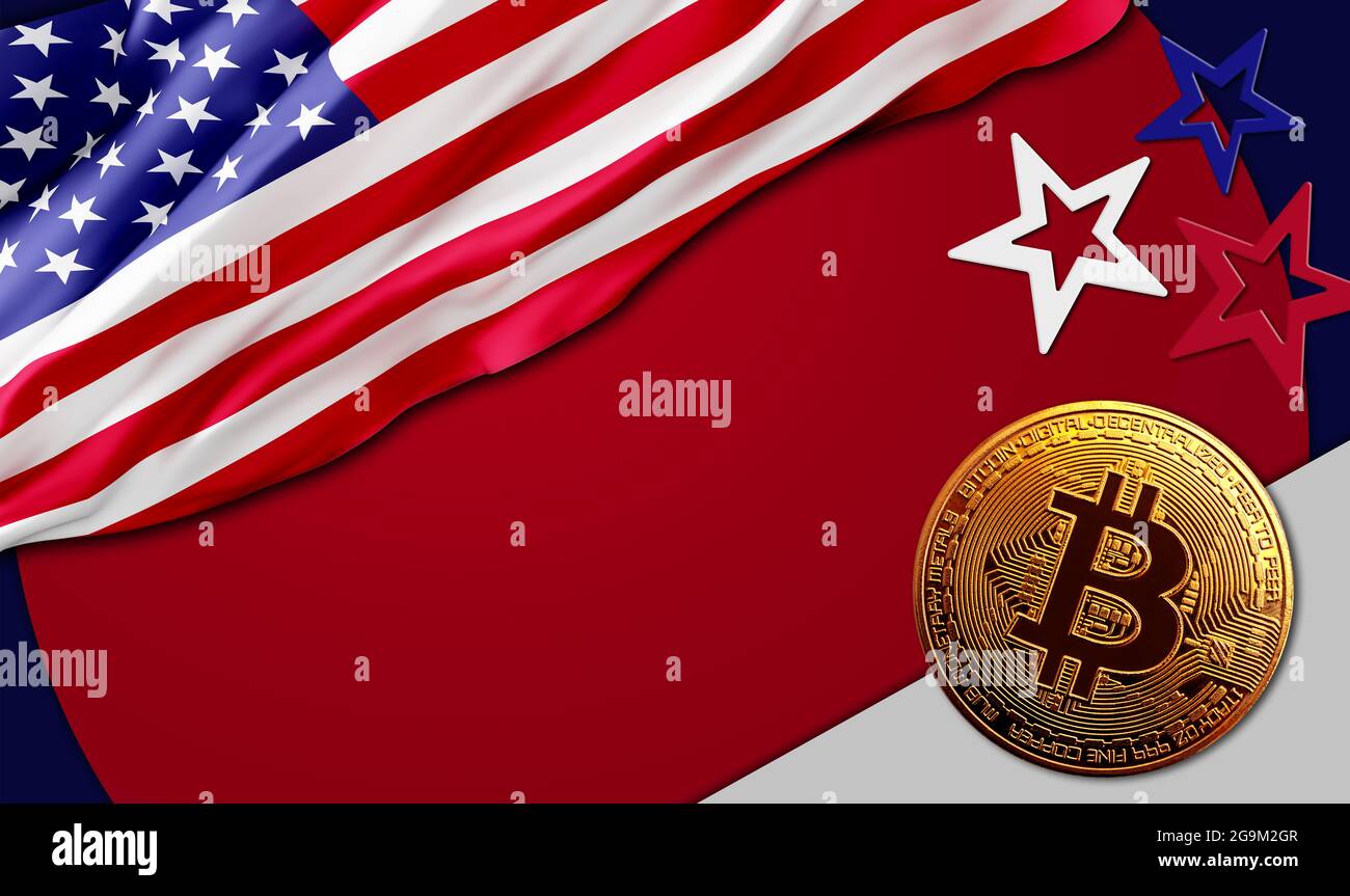 golden bitcoin coin on the USA flag background. cryptocurrency concept Stock Photo