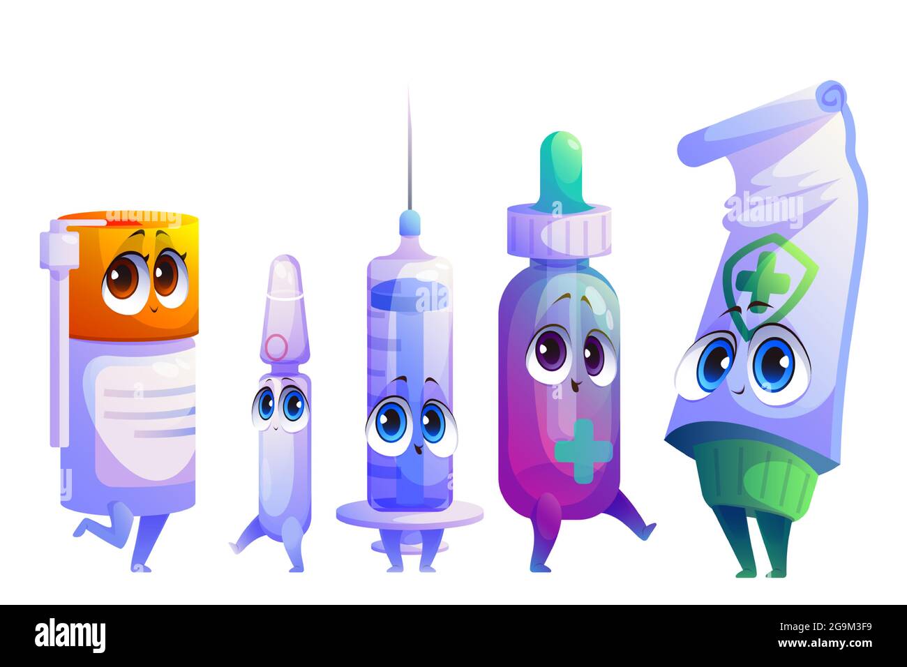 Cartoon remedy, drugs or medicament characters set Stock Vector