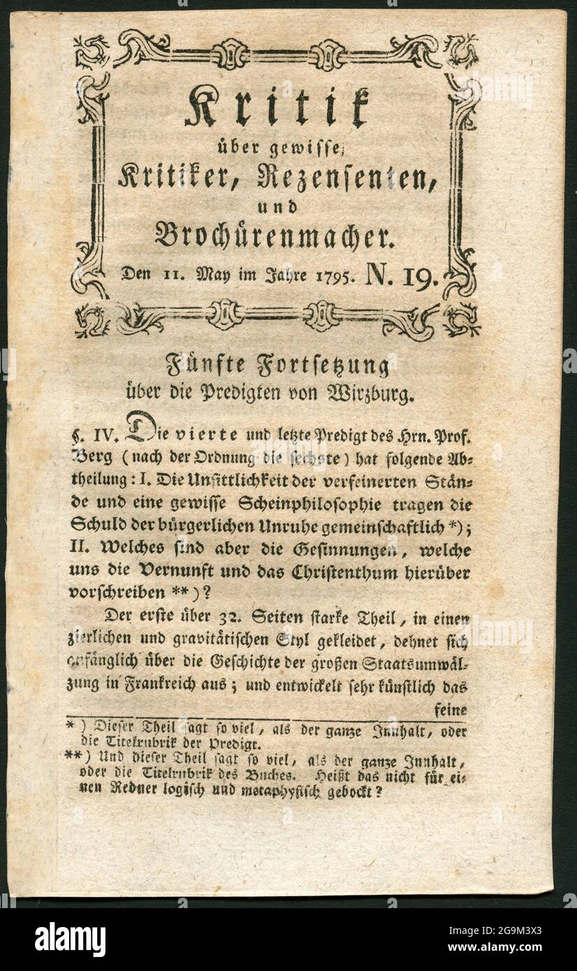 Europe, Germany, Bavaria, Augsburg, historical newspaper with the titl 'Kritik über gewisse Kritiker, ADDITIONAL-RIGHTS-CLEARANCE-INFO-NOT-AVAILABLE Stock Photo