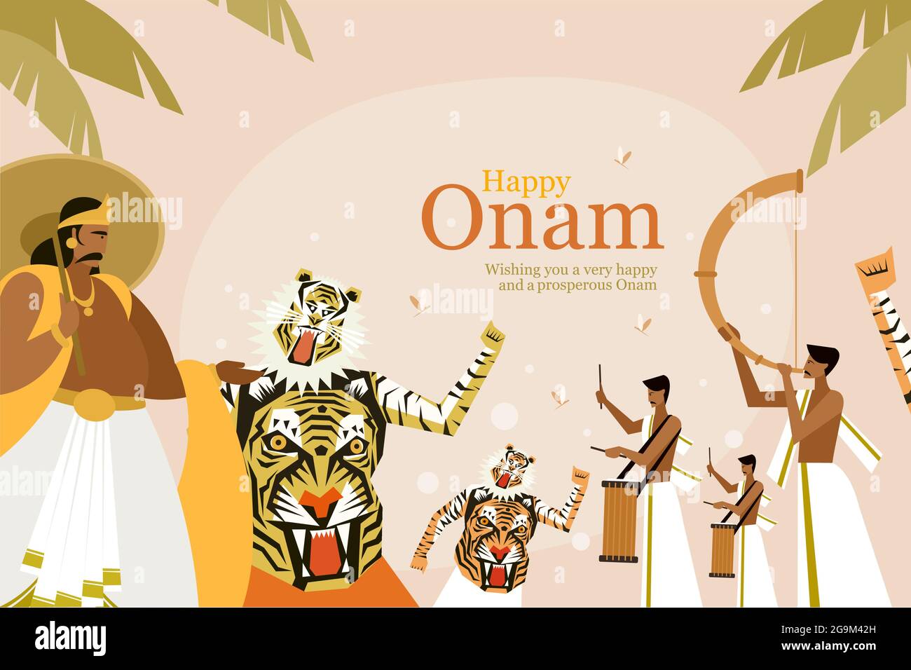Onam festival greeting background with King Mahabali and Tiger dance  artists. Onam is a harvest festival in Kerala, India Stock Vector Image &  Art - Alamy