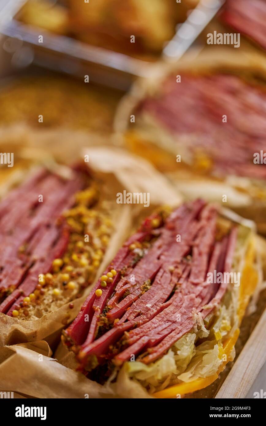 Reuben sandwich. Classic traditional American sandwich. Pastrami and
