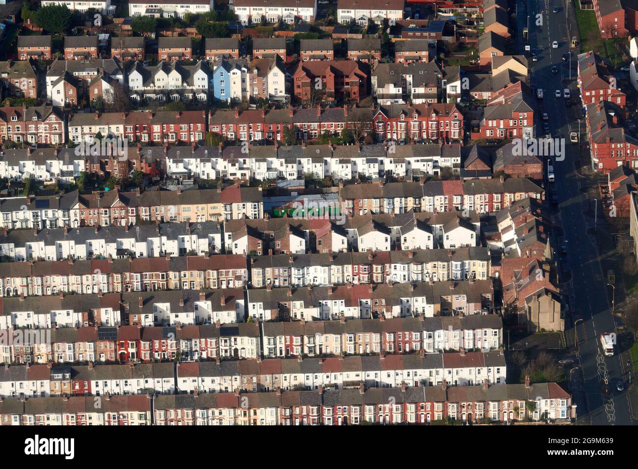 Terraced Houses, Liverpool, Merseyside, North West England, UK shot from the air Stock Photo