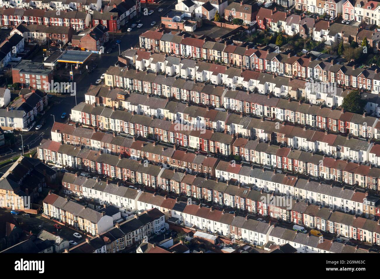 Terraced Houses, Liverpool, Merseyside, North West England, UK shot from the air Stock Photo