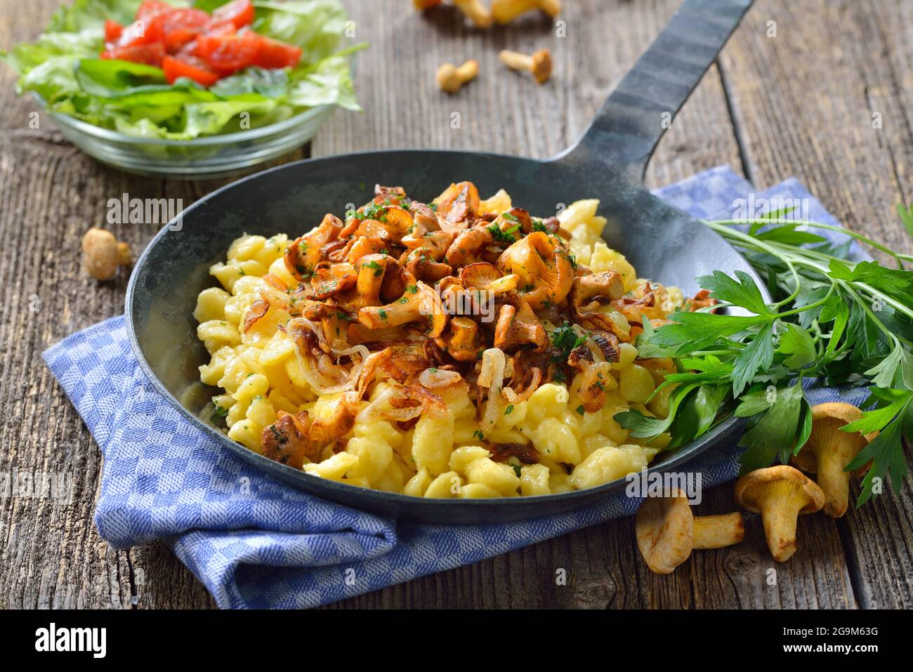 Vegetarian German spaetzle with fried chanterelles and onions served in