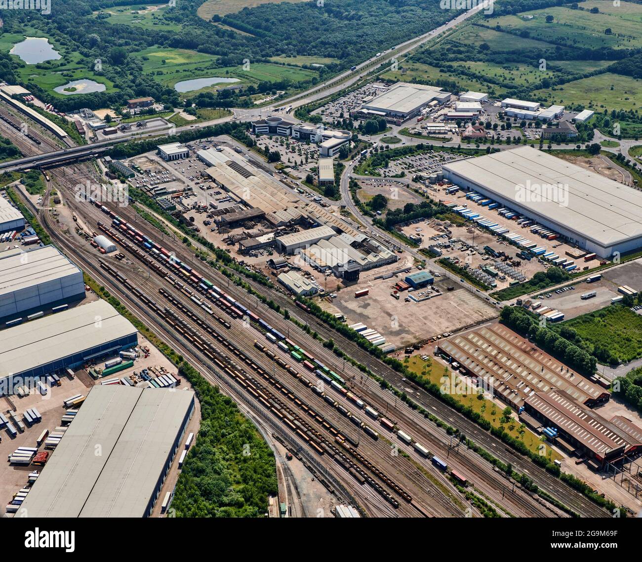 Rail freight yard south of Doncaster, South Yorkshire, Northern England, UK Stock Photo