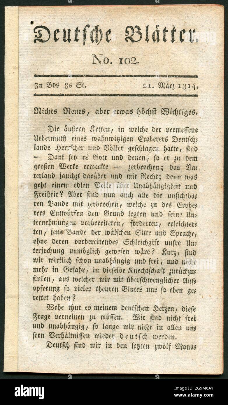Europe, Germany, Saxony, Leipzig, historical newspaper called: 'Deutsche Blätter ' ( German papers ), ADDITIONAL-RIGHTS-CLEARANCE-INFO-NOT-AVAILABLE Stock Photo