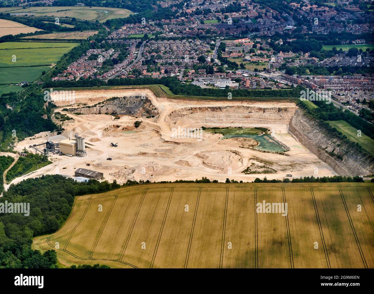 An aerial view of a stone quarry, to the west of Doncaster, South Yorkshire, Northern England, UK Stock Photo