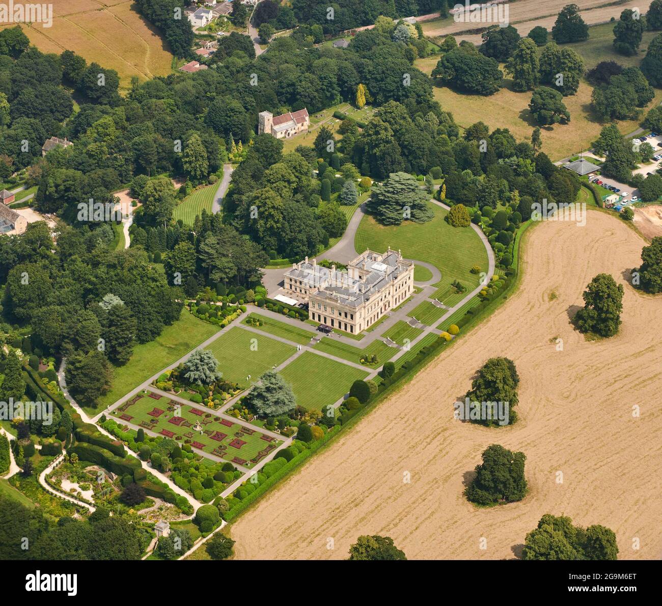 An aerial view of Brodsworth Hall and gardens, near Doncaster, South