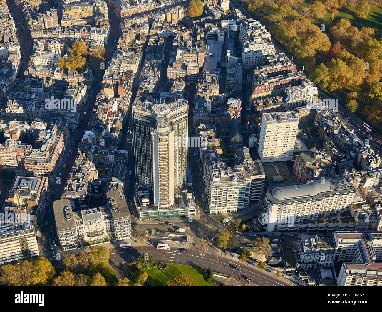 An aerial photograph of the London Hilton, Park Lane, Mayfair , UK Stock Photo