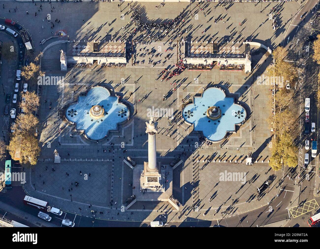 An aerial photograph of Trafalgar Square, busy with tourists ,London, UK Stock Photo
